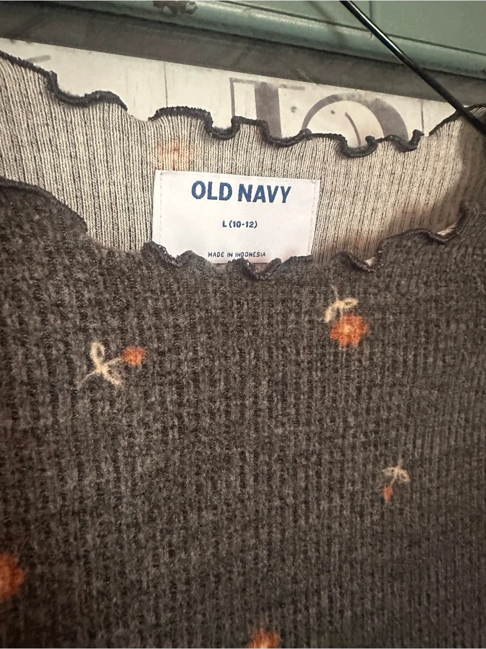 Old Navy Girls' Dark Gray Knit Long Sleeve Top with Orange Floral Dots